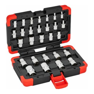 VIGOR T Steckschlüsseleinsatz Satz, V2687N, 1/4 Zoll (6,3 mm) Vierkant, 3/8 Zoll (10 mm) Vierkant, 1/2 Zoll (12,5 mm) Vierkant, 28-teilig, E4 – E24