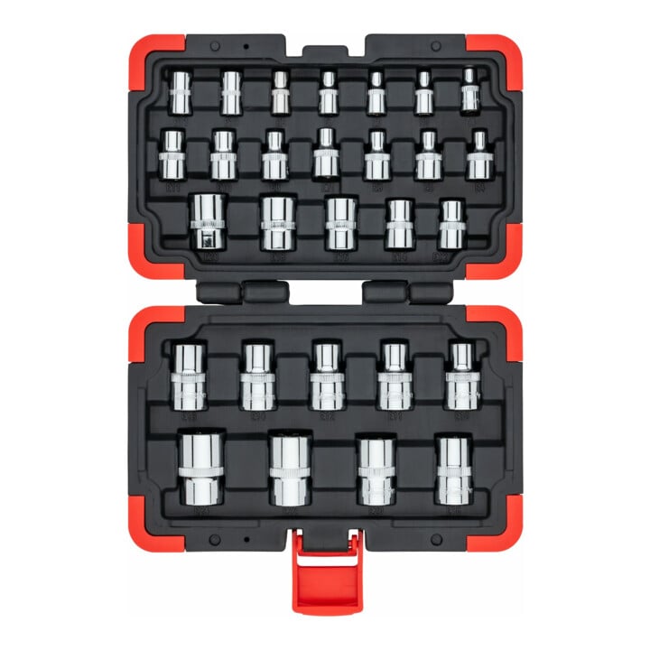 VIGOR T Steckschlüsseleinsatz Satz, V2687N, 1/4 Zoll (6,3 mm) Vierkant, 3/8 Zoll (10 mm) Vierkant, 1/2 Zoll (12,5 mm) Vierkant, 28-teilig, E4 – E24