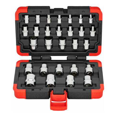 VIGOR T Steckschlüsseleinsatz Satz, V2687N, 1/4 Zoll (6,3 mm) Vierkant, 3/8 Zoll (10 mm) Vierkant, 1/2 Zoll (12,5 mm) Vierkant, 28-teilig, E4 – E24