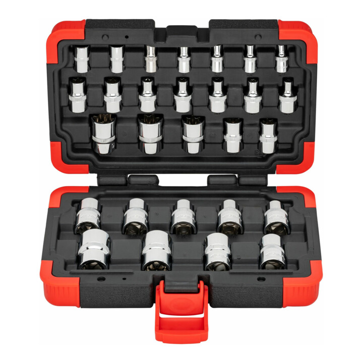 VIGOR T Steckschlüsseleinsatz Satz, V2687N, 1/4 Zoll (6,3 mm) Vierkant, 3/8 Zoll (10 mm) Vierkant, 1/2 Zoll (12,5 mm) Vierkant, 28-teilig, E4 – E24