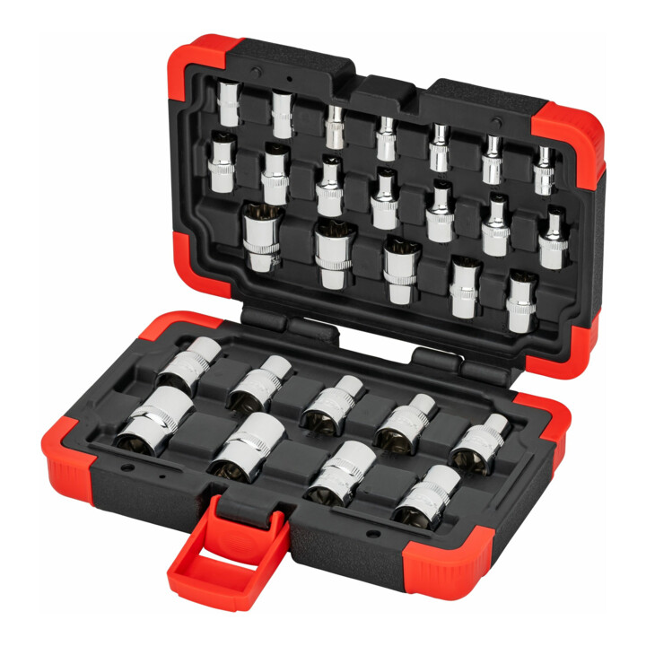 VIGOR T Steckschlüsseleinsatz Satz, V2687N, 1/4 Zoll (6,3 mm) Vierkant, 3/8 Zoll (10 mm) Vierkant, 1/2 Zoll (12,5 mm) Vierkant, 28-teilig, E4 – E24