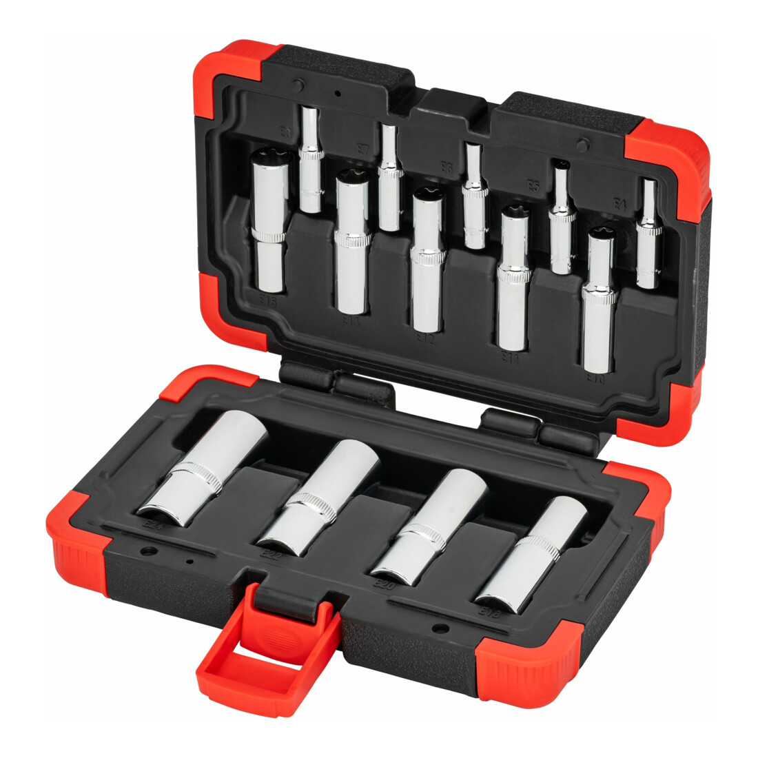 VIGOR T Steckschlüsseleinsatz Satz, V7014, 1/4 Zoll (6,3 mm) Vierkant, 3/8 Zoll (10 mm) Vierkant, 1/2 Zoll (12,5 mm) Vierkant, E Profil, 14-teilig, E4 – E24