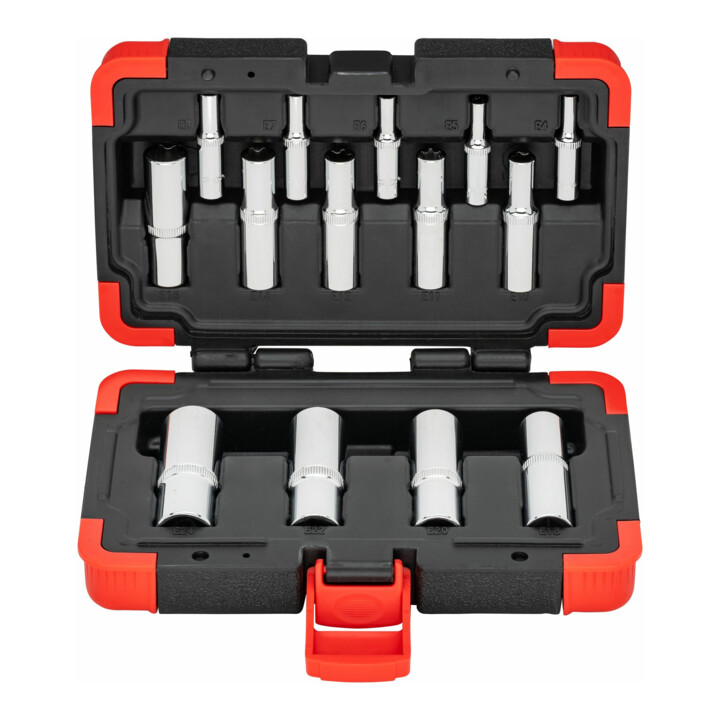VIGOR T Steckschlüsseleinsatz Satz, V7014, 1/4 Zoll (6,3 mm) Vierkant, 3/8 Zoll (10 mm) Vierkant, 1/2 Zoll (12,5 mm) Vierkant, E Profil, 14-teilig, E4 – E24