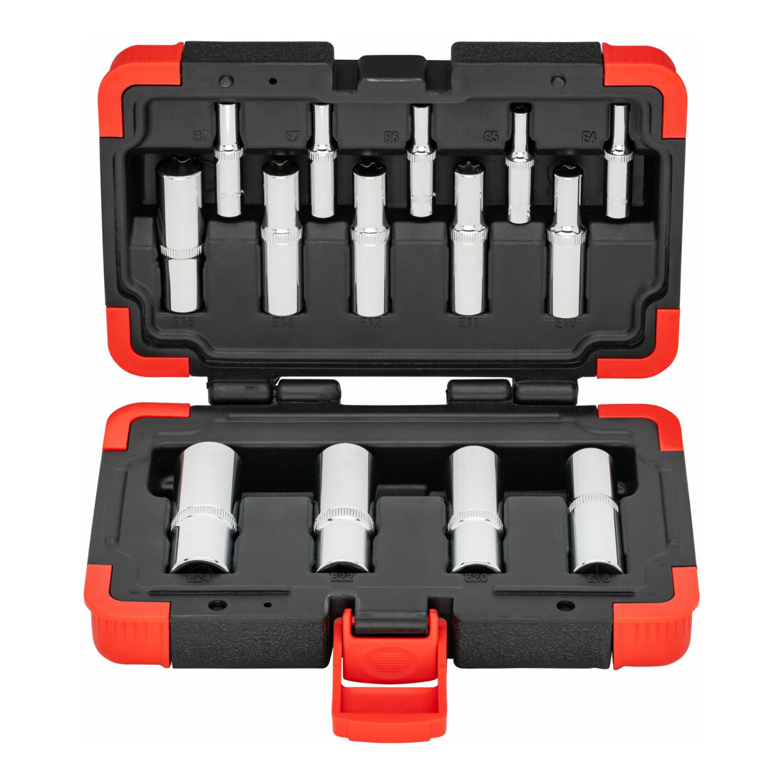 VIGOR T Steckschlüsseleinsatz Satz, V7014, 1/4 Zoll (6,3 mm) Vierkant, 3/8 Zoll (10 mm) Vierkant, 1/2 Zoll (12,5 mm) Vierkant, E Profil, 14-teilig, E4 – E24