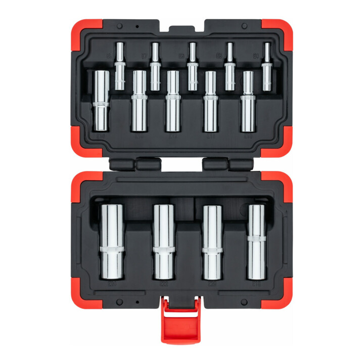 VIGOR T Steckschlüsseleinsatz Satz, V7014, 1/4 Zoll (6,3 mm) Vierkant, 3/8 Zoll (10 mm) Vierkant, 1/2 Zoll (12,5 mm) Vierkant, E Profil, 14-teilig, E4 – E24