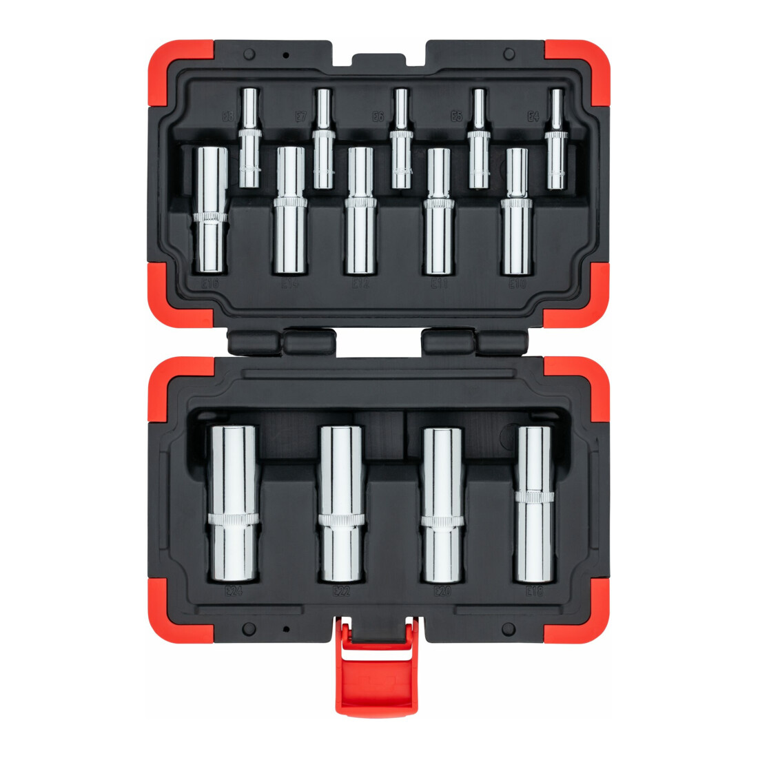 VIGOR T Steckschlüsseleinsatz Satz, V7014, 1/4 Zoll (6,3 mm) Vierkant, 3/8 Zoll (10 mm) Vierkant, 1/2 Zoll (12,5 mm) Vierkant, E Profil, 14-teilig, E4 – E24