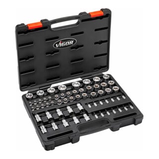 VIGOR T+ Steckschlüsseleinsatz Satz, V7920N, 1/4 Zoll (6,3 mm) Vierkant, 3/8 Zoll (10 mm) Vierkant, 1/2 Zoll (12,5 mm) Vierkant, E+ Profil, T+ Profil, Innen 5-Stern Profil mit Zapfen, E Profil, T Profil, TH Profil, 60-teilig