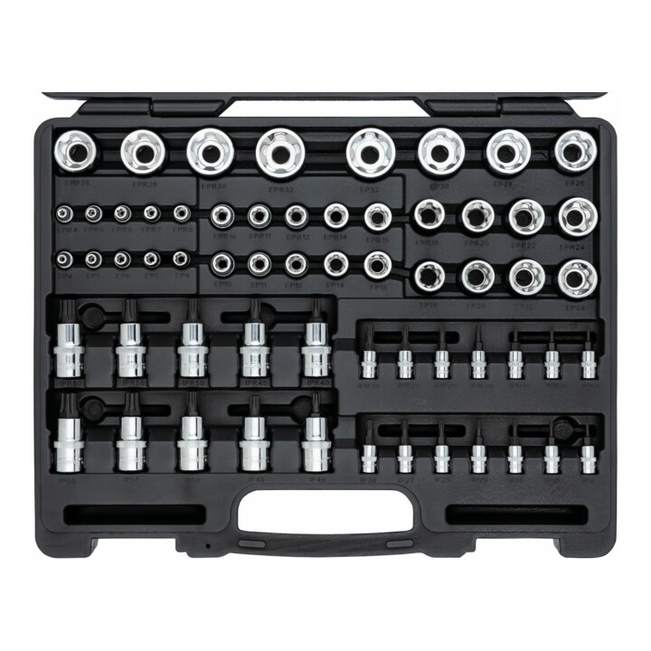 VIGOR T+ Steckschlüsseleinsatz Satz, V7920N, 1/4 Zoll (6,3 mm) Vierkant, 3/8 Zoll (10 mm) Vierkant, 1/2 Zoll (12,5 mm) Vierkant, E+ Profil, T+ Profil, Innen 5-Stern Profil mit Zapfen, E Profil, T Profil, TH Profil, 60-teilig