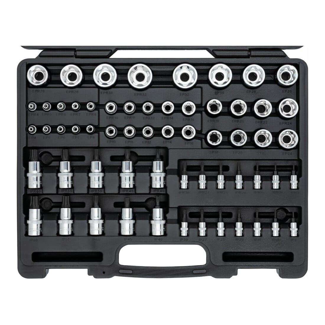VIGOR T+ Steckschlüsseleinsatz Satz, V7920N, 1/4 Zoll (6,3 mm) Vierkant, 3/8 Zoll (10 mm) Vierkant, 1/2 Zoll (12,5 mm) Vierkant, E+ Profil, T+ Profil, Innen 5-Stern Profil mit Zapfen, E Profil, T Profil, TH Profil, 60-teilig