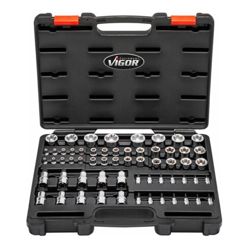VIGOR T+ Steckschlüsseleinsatz Satz, V7920N, 1/4 Zoll (6,3 mm) Vierkant, 3/8 Zoll (10 mm) Vierkant, 1/2 Zoll (12,5 mm) Vierkant, E+ Profil, T+ Profil, Innen 5-Stern Profil mit Zapfen, E Profil, T Profil, TH Profil, 60-teilig
