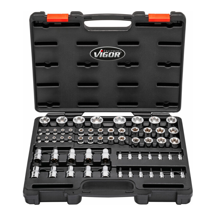 VIGOR T+ Steckschlüsseleinsatz Satz, V7920N, 1/4 Zoll (6,3 mm) Vierkant, 3/8 Zoll (10 mm) Vierkant, 1/2 Zoll (12,5 mm) Vierkant, E+ Profil, T+ Profil, Innen 5-Stern Profil mit Zapfen, E Profil, T Profil, TH Profil, 60-teilig
