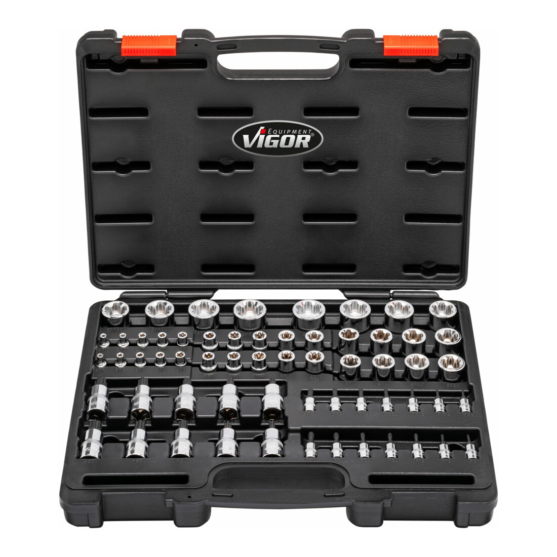 VIGOR T+ Steckschlüsseleinsatz Satz, V7920N, 1/4 Zoll (6,3 mm) Vierkant, 3/8 Zoll (10 mm) Vierkant, 1/2 Zoll (12,5 mm) Vierkant, E+ Profil, T+ Profil, Innen 5-Stern Profil mit Zapfen, E Profil, T Profil, TH Profil, 60-teilig