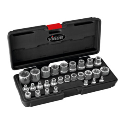 VIGOR TX dopsleutelset V2687 Vierkant hol 6,3 mm (1/4 inch), Vierkant hol 10 mm (3/8 inch), Vierkant hol 12,5 mm (1/2 inch) Extern TX-profiel - 28-delig