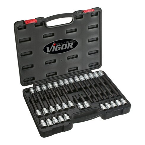 VIGOR TX schroevendraaier bitset V1917 vierkant hol 12,5 mm (1/2 inch) binnen TX profiel T20 - T70 32-delig
