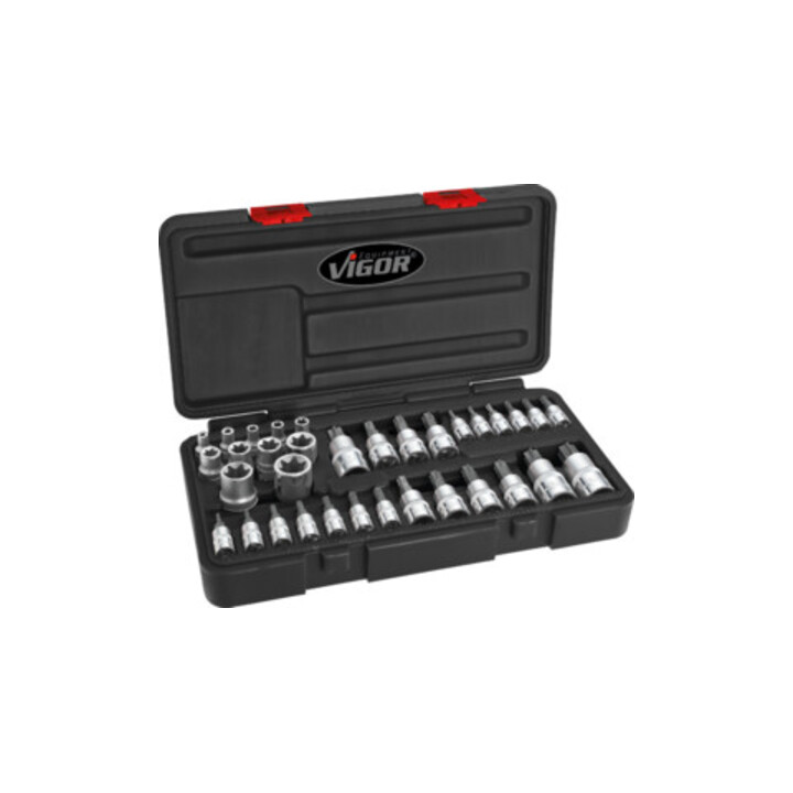 VIGOR TX Steckschlüssel Satz V1781 Vierkant hohl 6,3  10  12,5 mm (1/4 3/8 1/2 Zoll) Außen TX Profil Innen TX Profil Tamper Resistant TX Profil E4 – E20 T9 – T60 34 teilig