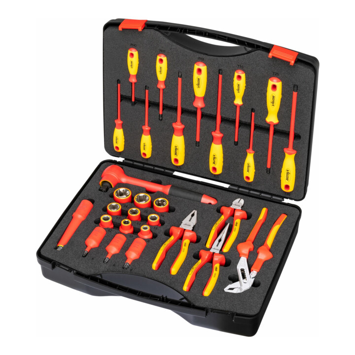 VIGOR VDE Werkzeug Satz, V5632, 1/2 Zoll (12,5 mm) Vierkant, Außen Sechskant Profil, Innen Sechskant Profil, Kreuzschlitz Profil PH, Pozidriv Profil PZ, Schlitz Profil, T Profil, 29-teilig, 5–24, PH0 –PH2, T15 – T30