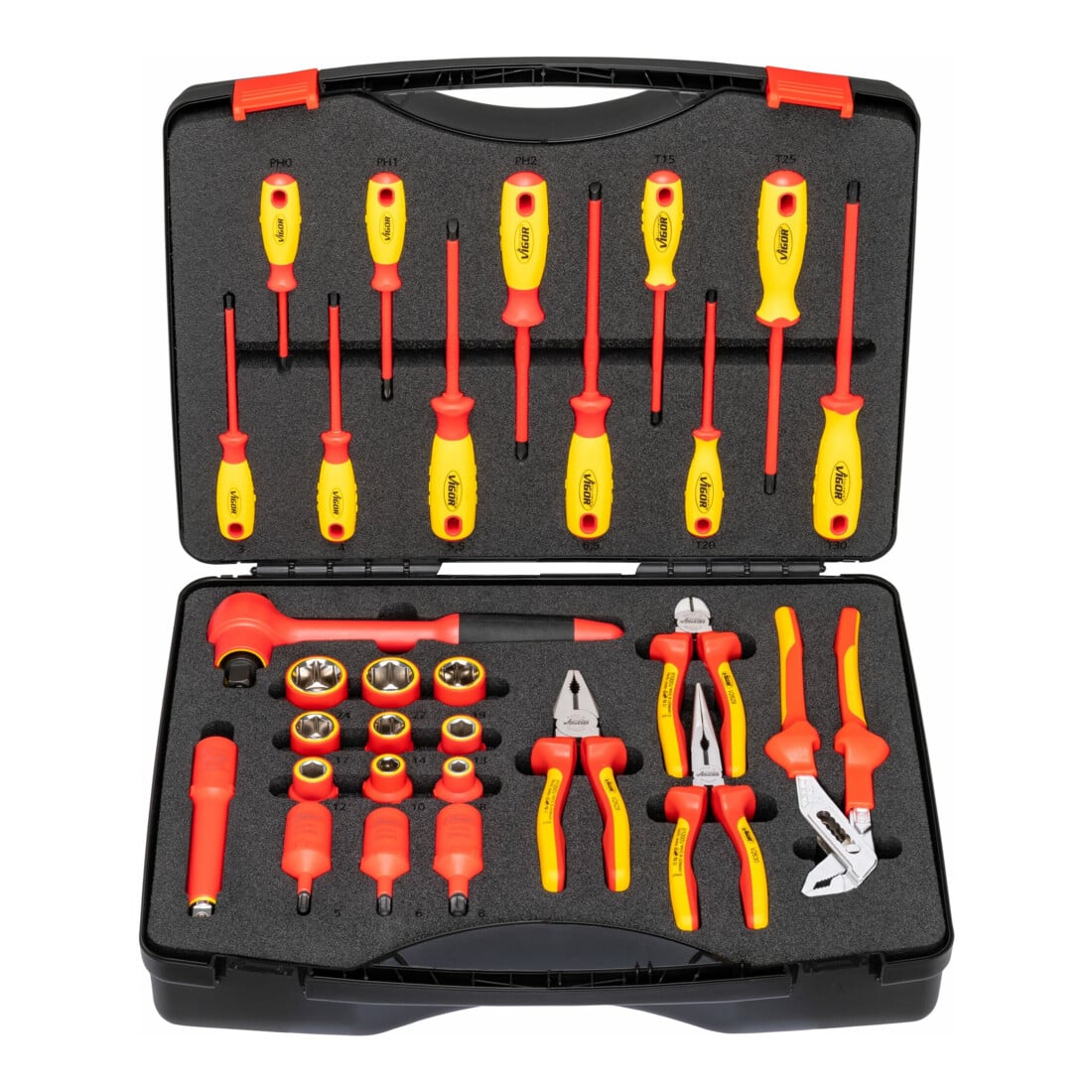 VIGOR VDE Werkzeug Satz, V5632, 1/2 Zoll (12,5 mm) Vierkant, Außen Sechskant Profil, Innen Sechskant Profil, Kreuzschlitz Profil PH, Pozidriv Profil PZ, Schlitz Profil, T Profil, 29-teilig, 5–24, PH0 –PH2, T15 – T30