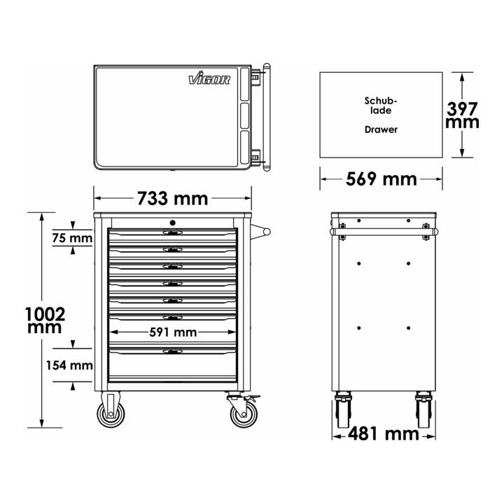 VIGOR Werkstattwagen SeriesL, mit Sortiment, V4560-X, 344-teilig