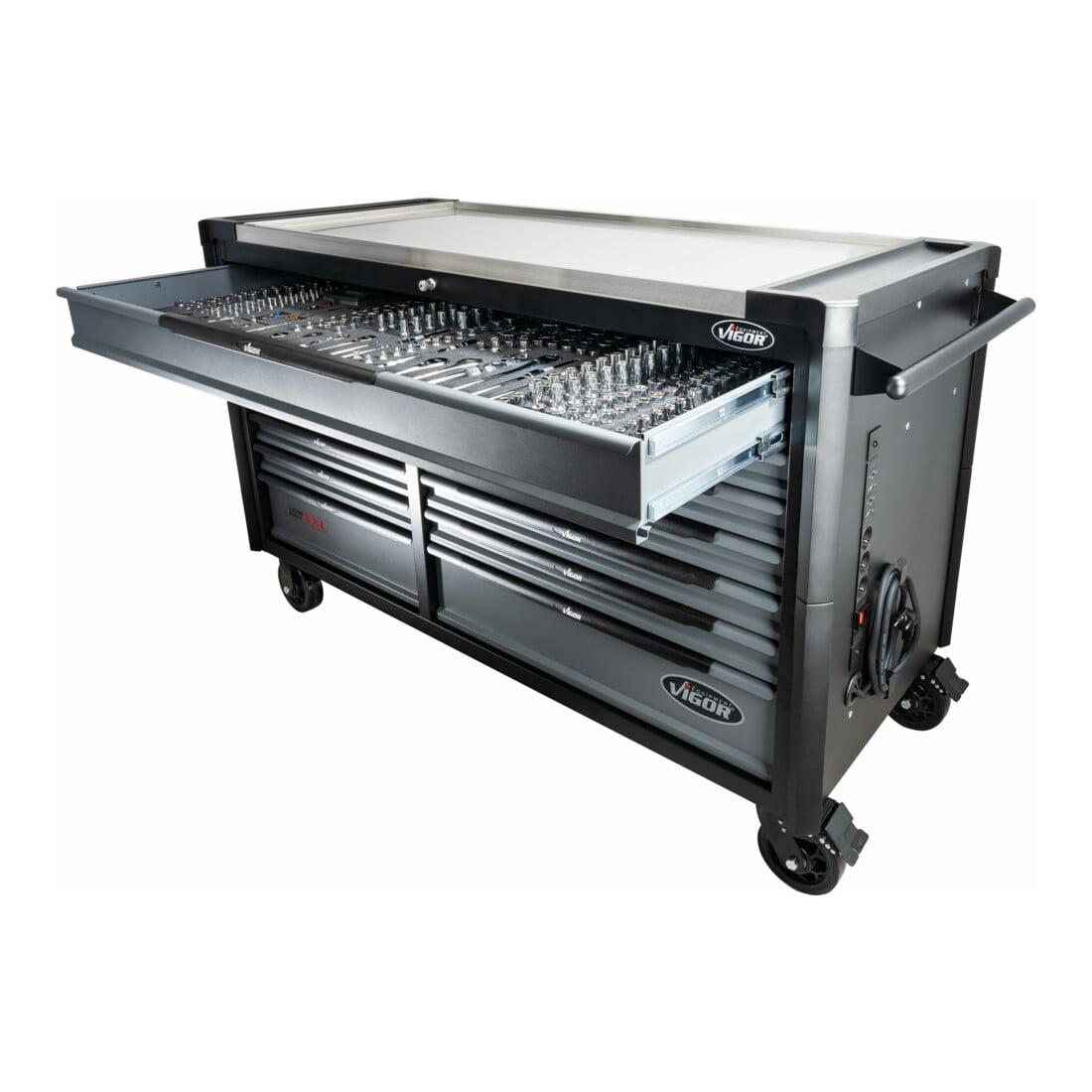 VIGOR Werkstattwagen SeriesXXL, Edelstahl-Arbeitsplatte, leer, V4481-XXL, L x B x H: 1625x 695x 1017 mm