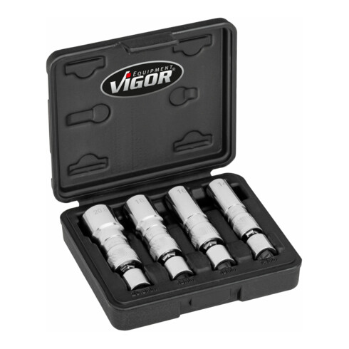 VIGOR Zündkerzen Steckschlüssel Satz, V7002/4, 3/8 Zoll (10 mm) Vierkant, Außen Doppelsechskant Profil, 4-teilig, 14, 16, 18, 20,8
