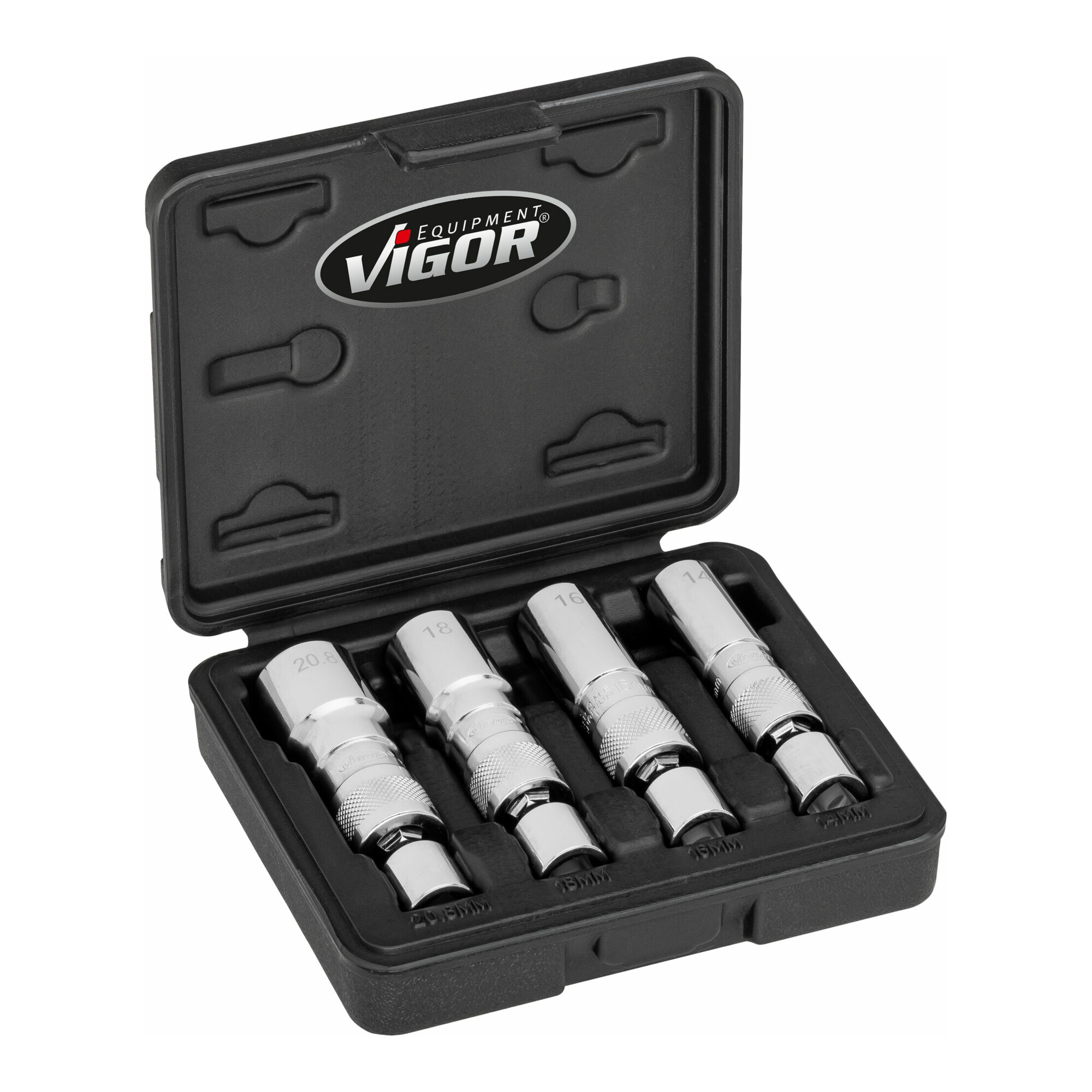 VIGOR Zündkerzen Steckschlüssel Satz, V7002/4, 3/8 Zoll (10 mm) Vierkant, Außen Doppelsechskant Profil, 4-teilig, 14, 16, 18, 20,8