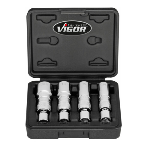 VIGOR Zündkerzen Steckschlüssel Satz, V7002/4, 3/8 Zoll (10 mm) Vierkant, Außen Doppelsechskant Profil, 4-teilig, 14, 16, 18, 20,8