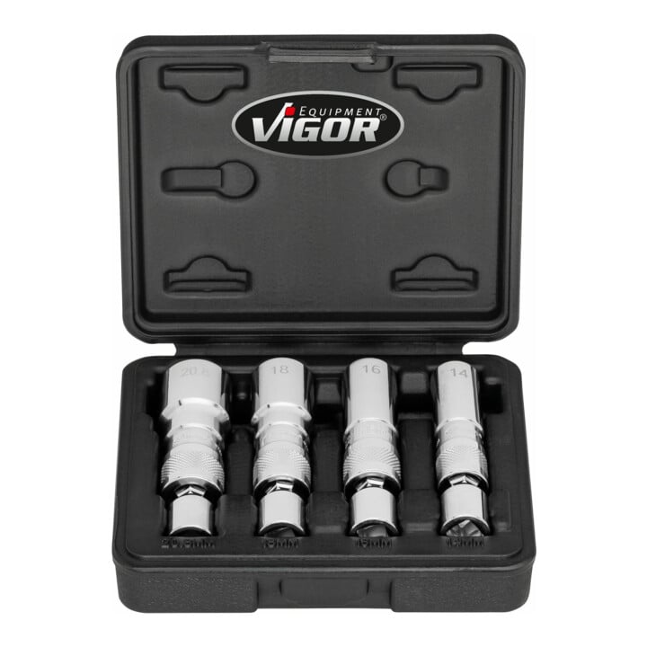 VIGOR Zündkerzen Steckschlüssel Satz, V7002/4, 3/8 Zoll (10 mm) Vierkant, Außen Doppelsechskant Profil, 4-teilig, 14, 16, 18, 20,8