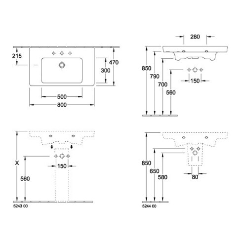 Villeroy & Boch Schrankwaschtisch SUBWAY 2.0 800 x 470 mm, mit Überlauf weiß