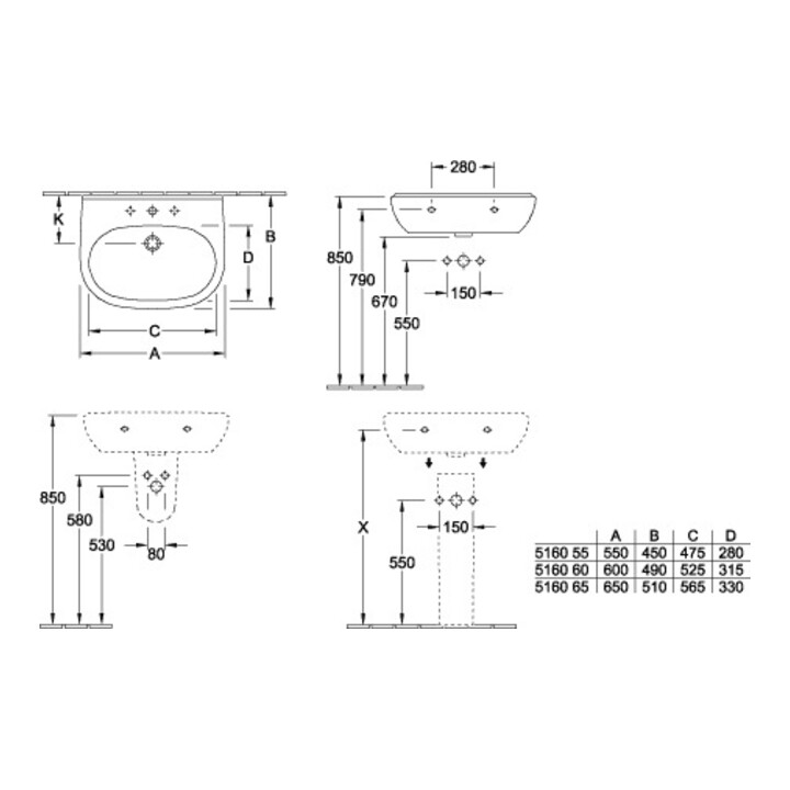 V&B Waschtisch O.NOVO 600 x 490 mm mit Überlauf weiß