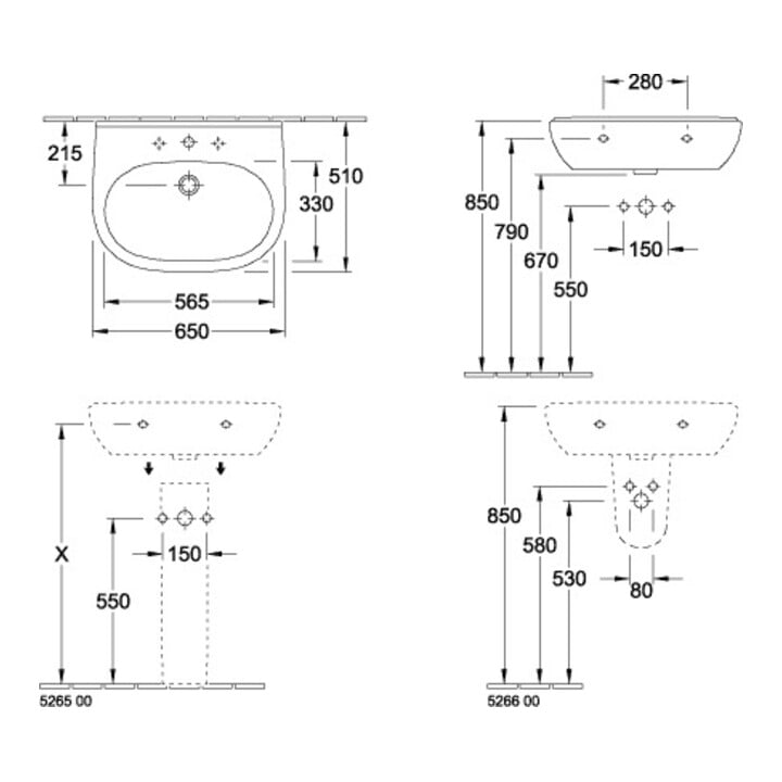 V&B Waschtisch O.NOVO 650 x 510 mm mit Überlauf weiß