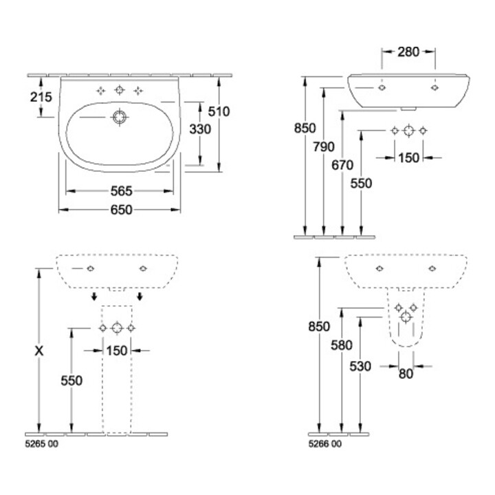 V&B Waschtisch O.NOVO 650 x 510 mm mit Überlauf weiß