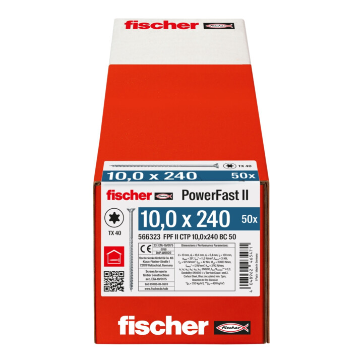 Vis à bois fischer PowerFast II 10,0x240 à tête fraisée TX TG acier galavanisé, passivée bleu