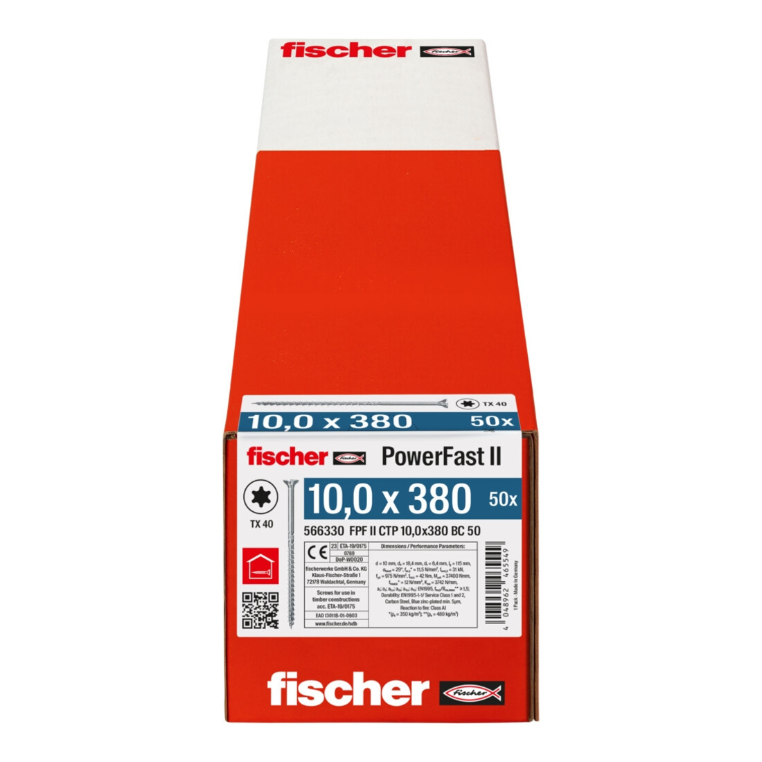 Vis à bois fischer PowerFast II 10,0x380 à tête fraisée TX TG acier galavanisé, passivée bleu