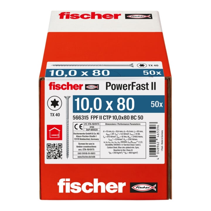 Vis à bois fischer PowerFast II 10,0x80 à tête fraisée TX TG acier galavanisé, passivée bleu