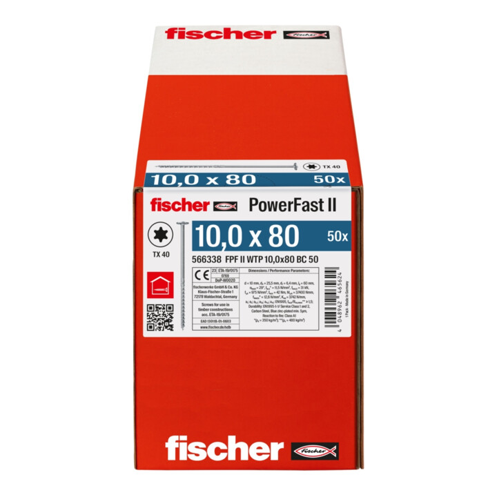 Vis à bois fischer PowerFast II 10,0x80 à tête plate TX TG acier galavanisé, passivée bleu