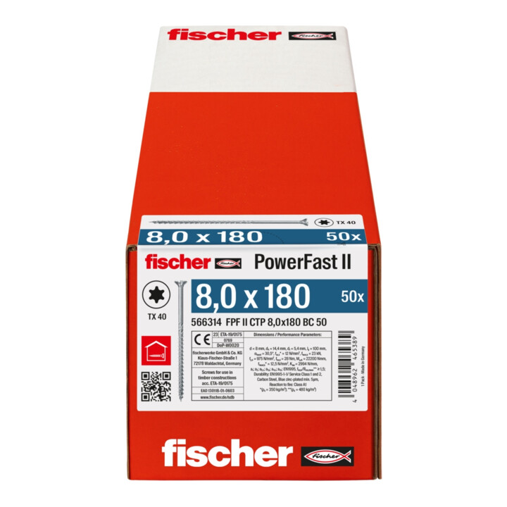 Vis à bois fischer PowerFast II 8,0x180 à tête fraisée TX TG acier galavanisé, passivée bleu