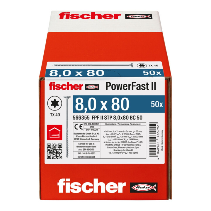 Vis à bois fischer PowerFast II 8,0x80 à tête fraisée étagée TX TG acier galavanisé, passivée bleu