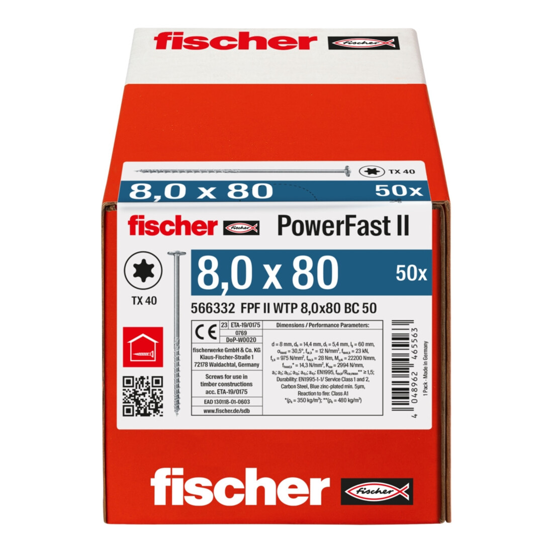 Vis à bois fischer PowerFast II 8,0x80 à tête plate TX TG acier galavanisé, passivée bleu