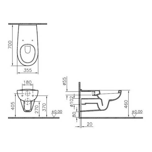 VitrA Wand-WC VITRAFLUSH CONFORMA Tiefspüler ohne Spülrand 355x700mm weiß