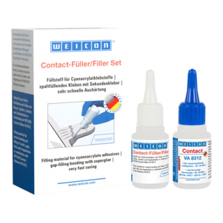 WEICON Contact-Füller Set, Set mit einem Cyanacrylatklebstoff und einem Füllstoff zur schnellen Reparatur von Rissen, Spalten usw., 1 Set, transparent