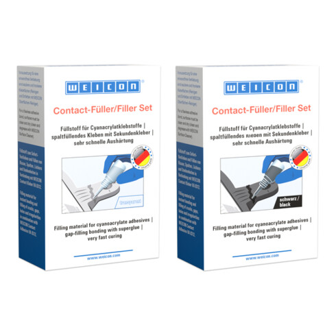 WEICON Contact-Füller Set, Set mit einem Cyanacrylatklebstoff und einem Füllstoff zur schnellen Reparatur von Rissen, Spalten usw., 1 Set, transparent