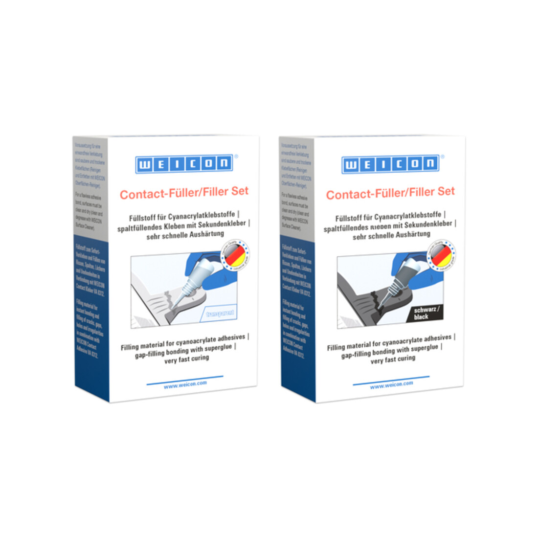 WEICON Contact-Füller Set, Set mit einem Cyanacrylatklebstoff und einem Füllstoff zur schnellen Reparatur von Rissen, Spalten usw., 1 Set, transparent