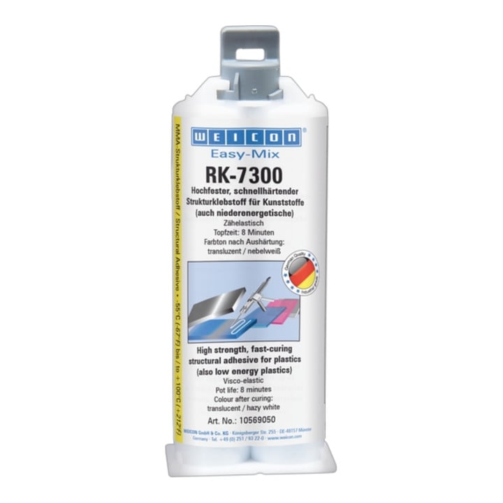 WEICON Easy-Mix RK-7300, Acrylat-Strukturklebstoff für niederenergetische Kunststoffe, 50 ml, transluzent / nebelweiß