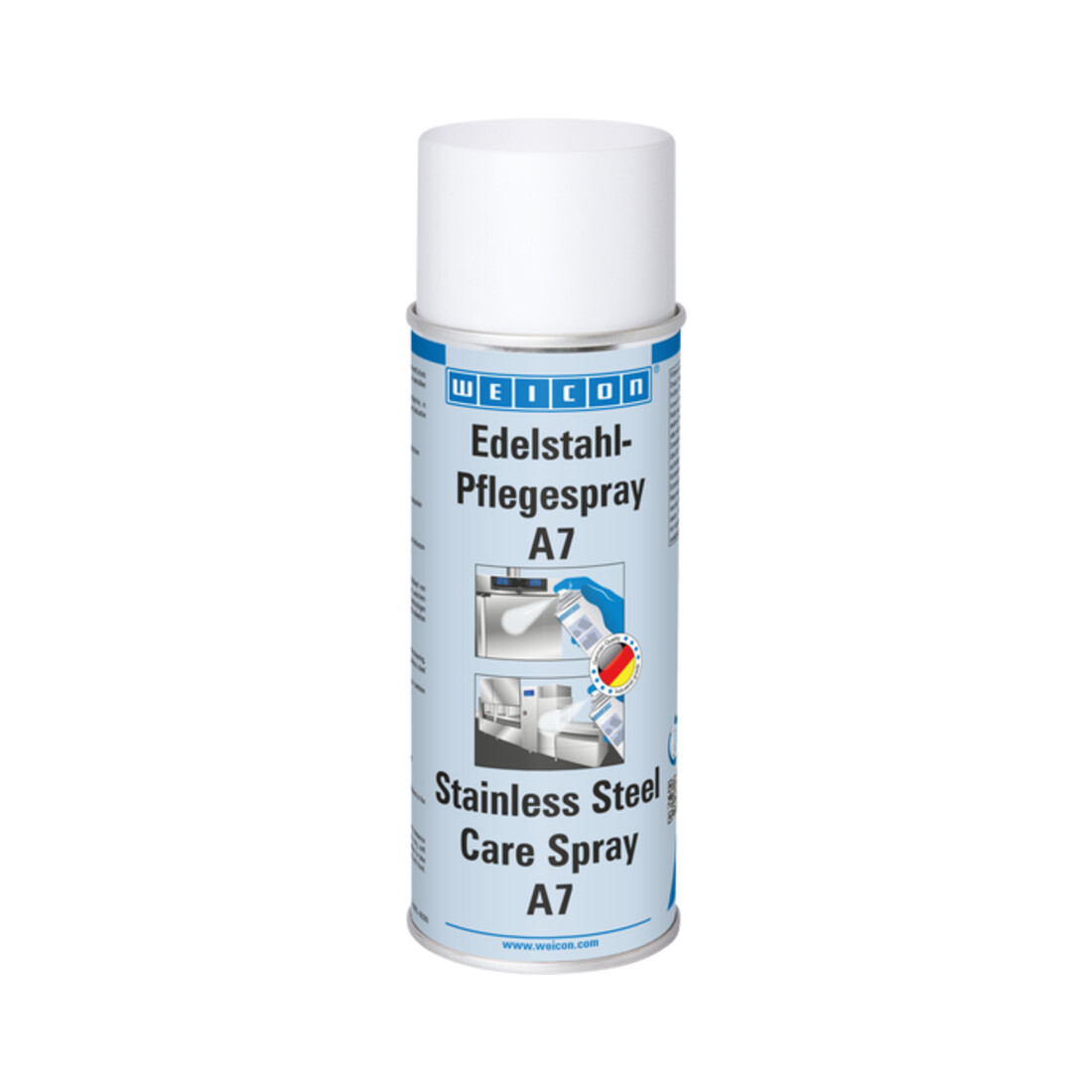 WEICON Edelstahlpflege-Spray A7, kraftvolle Reinigung sowie Schutz und Pflege von Edelstahl im Lebensmittelbereich, 400 ml, farblos, transparent
