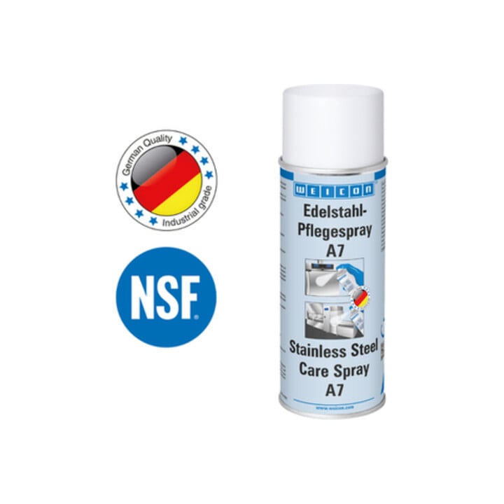 WEICON Edelstahlpflege-Spray A7, kraftvolle Reinigung sowie Schutz und Pflege von Edelstahl im Lebensmittelbereich, 400 ml, farblos, transparent