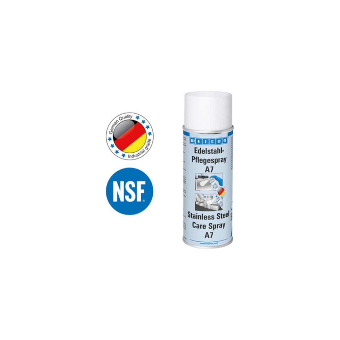 WEICON Edelstahlpflege-Spray A7, kraftvolle Reinigung sowie Schutz und Pflege von Edelstahl im Lebensmittelbereich, 400 ml, farblos, transparent