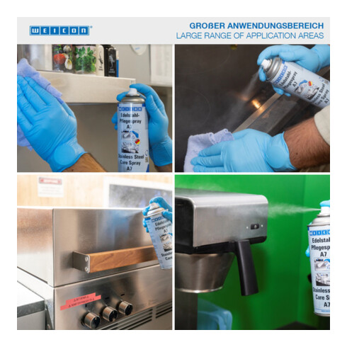 WEICON Edelstahlpflege-Spray A7, kraftvolle Reinigung sowie Schutz und Pflege von Edelstahl im Lebensmittelbereich, 400 ml, farblos, transparent