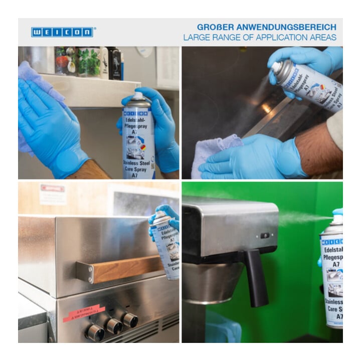 WEICON Edelstahlpflege-Spray A7, kraftvolle Reinigung sowie Schutz und Pflege von Edelstahl im Lebensmittelbereich, 400 ml, farblos, transparent