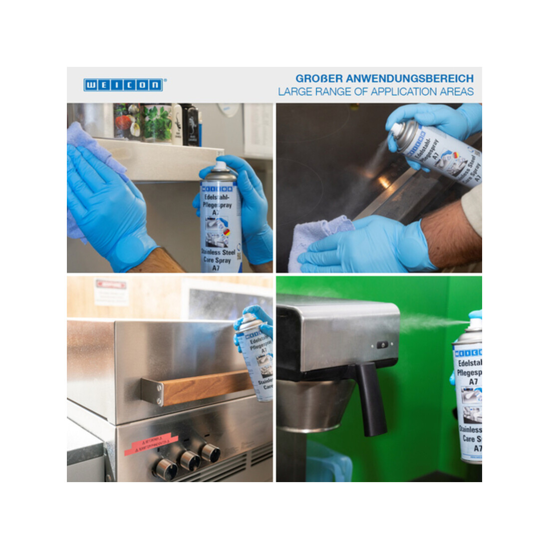 WEICON Edelstahlpflege-Spray A7, kraftvolle Reinigung sowie Schutz und Pflege von Edelstahl im Lebensmittelbereich, 400 ml, farblos, transparent