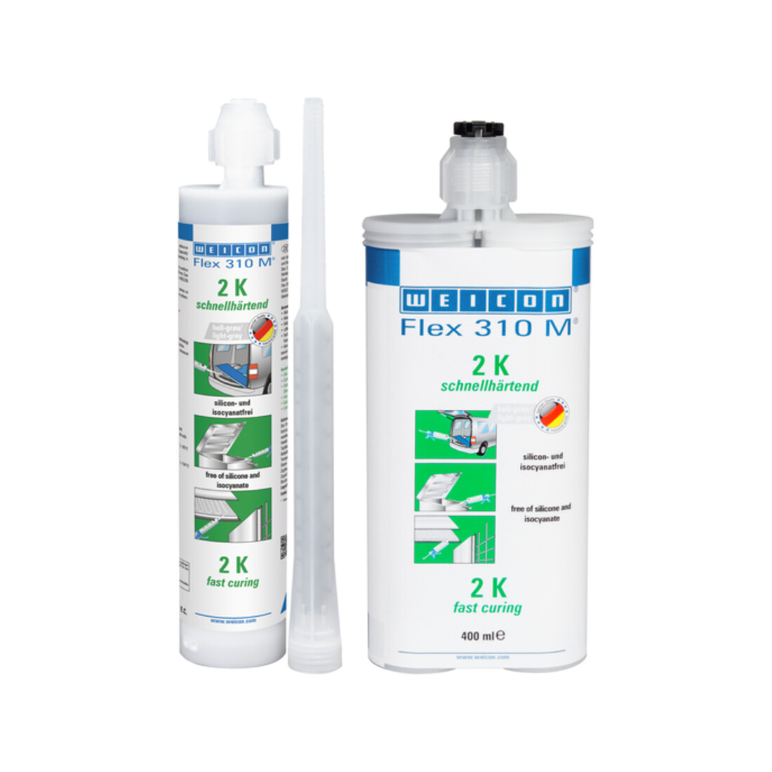 WEICON Flex 310 M® 2 K, elastischer Klebstoff auf Hybrid-Polymer-Basis, schnellhärtend, 400 ml, grau